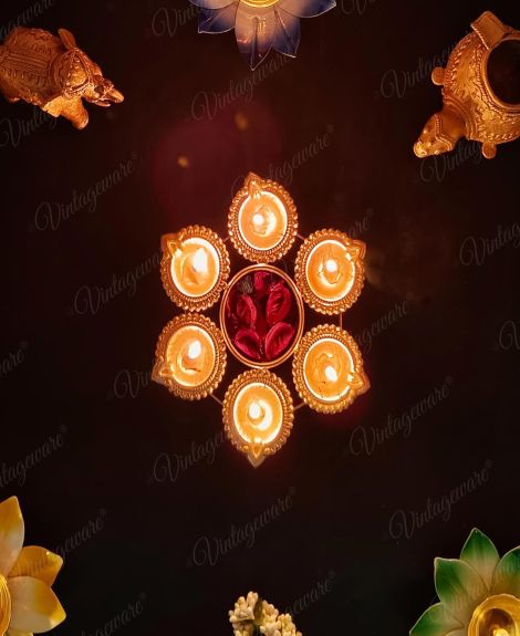 Vintageware Diya Urli Flower Shape Diwali Gift Decorative Bowl Handcrafted for Floating Flowers and T-Light Candle for Home, Office & Pooja | Festival Decorative Items (7 Inch) with 6 Attached Diyas