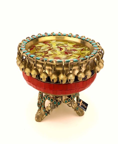 Two Moustaches Gemstone Work Brass 8 Inches Urli Bowl on Ethnic Carved Legs for Home Decor, Material - Brass, Standard, Pack of 1, 1 L
