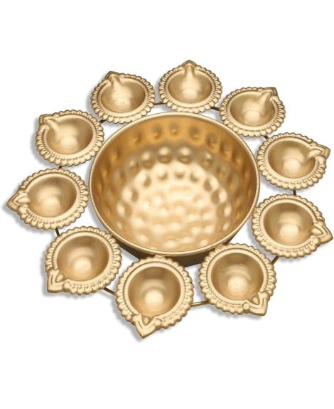 R Ayurveda Copper Diya Shape Flower Decorative Urli Bowl for Home Handcrafted Bowl for Floating Flowers and Tea Light Candles Home Table| Diwali Decoration (10 Inches) Magnetic Steel, Gold, 1 liters
