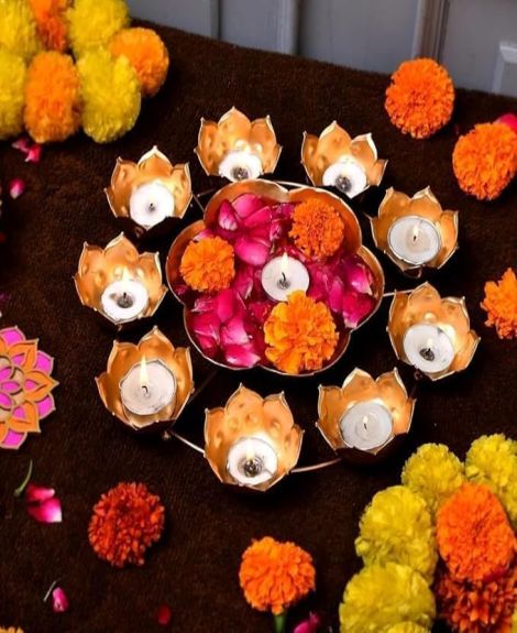 Golden Urli Bowl Rangoli for Home Decoration | Metal Floating Flower & Tealight Candle Holder | Perfect for Diwali, Festive Celebrations, Weddings & Housewarmings | Traditional Decor Accent (1)