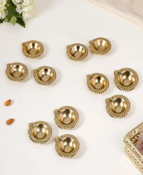 Nestasia Metal Tea Light Holder (Set of 11) - Candle Holder Set for LED Lights - Decoration Items for Home Decor | Diya Holder for Puja & Diwali (Golden)