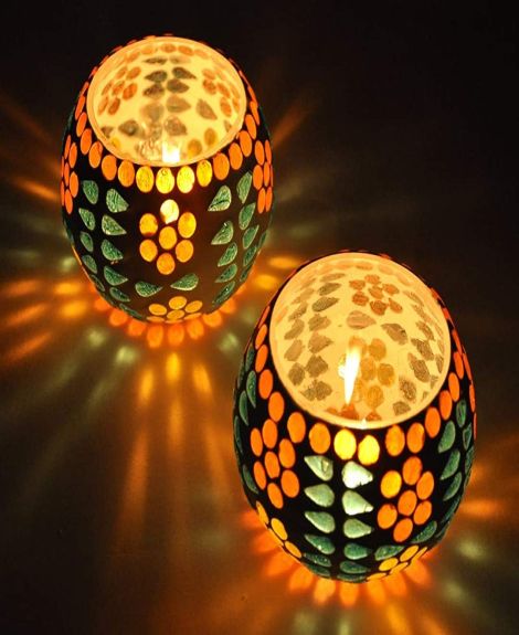 TIED RIBBONS Pack of 2 Turkish Mosaic Glass Votive Tealight Candle Holders for Table - Decorations Items for Home Decor Living Room Bedroom (Mosaic Glass) - Decor - Gifts