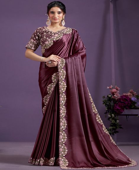 Wine Crepe Satin Silk Crush Hand Work Designer Saree with Unstitched Blouse