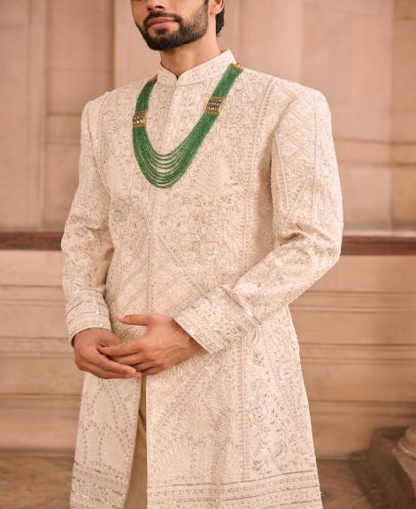 Ivory Raw Silk Wedding Sherwani