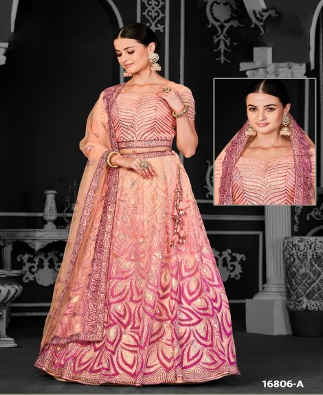 Women's Semi-Stitched Net Lehenga Choli with Dupatta | Peach