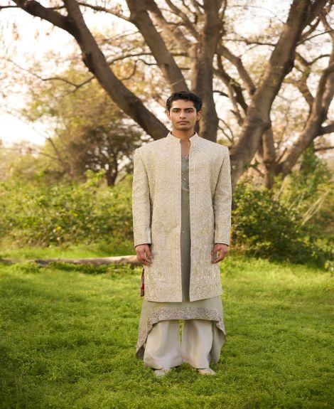 The Sage & Gold Layered Embroidered Sherwani Ensemble