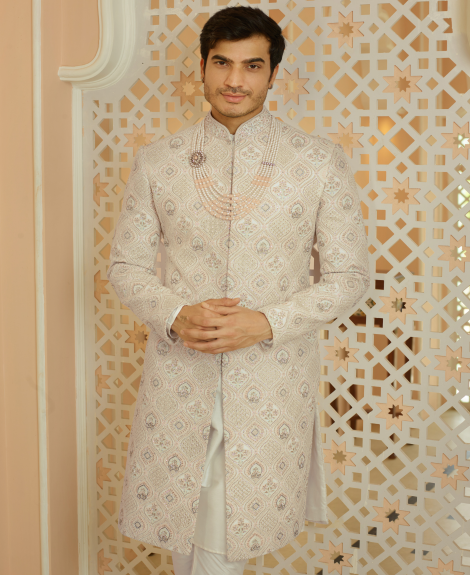 Cream Floral Work Lucknowi Sherwani