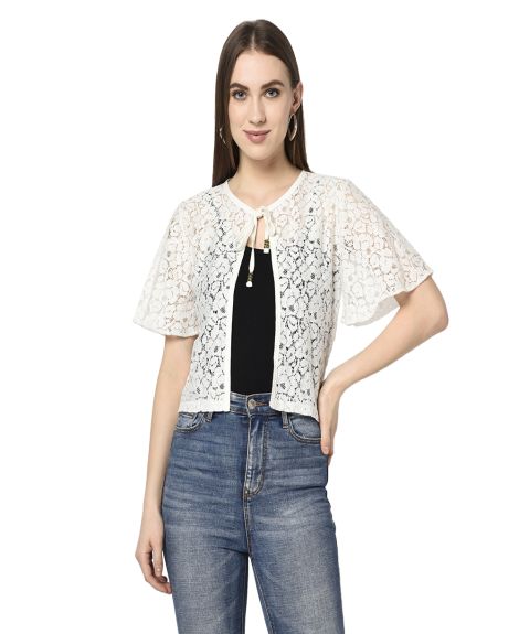 ESPRESSO Women Butterfly Sleeve 95% Cotton 5% Nylon Shawl Collar Lace Tie Up Shrug 