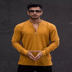 Maniac Mens Henley Neck Solid Full Sleeve Mustard Cotton Slim Fit T-Shirt