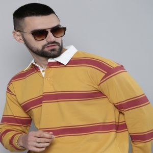 Maniac Mens Auto Striped Polo Neck Full Sleeve Yellow and Red Cotton Oversized T-Shirt