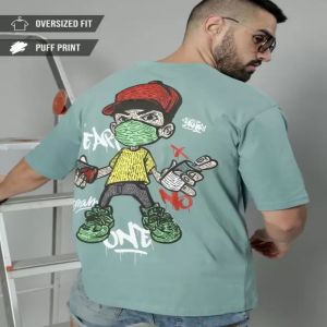 Maniac Graffityplay Printed Mens Round Neck 3/4th Sleeve Berly Green Cotton Oversized T-Shirt