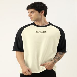 Maniac Mens Printed Round Neck raglan Half Sleeve Beige & Black Cotton Oversized Tshirt
