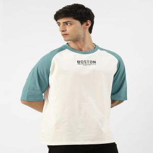 Maniac Mens Printed Round Neck raglan Half Sleeve White and Turkey Blue Cotton Oversized Tshirt