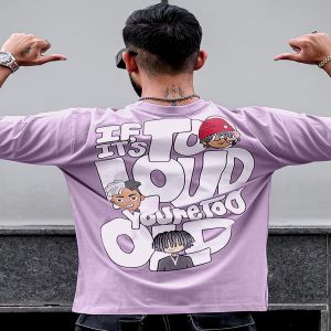 Maniac Mens Printed Round Neck 3/4th Sleeve Lavender and White Cotton Oversized T-Shirt
