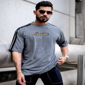 Maniac Mens Printed Round Neck 3/4th Sleeve Light Grey and Black Cotton Oversized T-Shirt