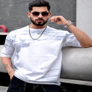 Maniac Mens Spray Print Round Neck 3/4th Sleeve White and Grey Cotton Oversized T-Shirt