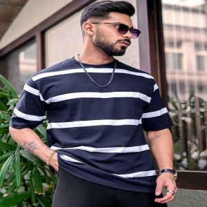 Maniac Mens Striped Mens Round Neck Half Sleeve Navy & White Oversized Fit T-Shirt