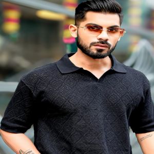 Maniac Mens Solid Textured Polo Neck 3/4th Sleeve Black Cotton Oversized Polo T-Shirt