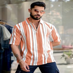 Maniac Mens Striped Polo Neck 3/4th Sleeve Rust Half Zipper Cotton T-Shirt