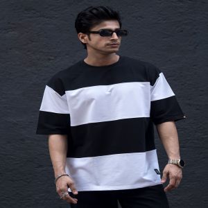 Maniac Mens ColorBlock Round Neck 3/4th Sleeve Black and White Cotton T-Shirt