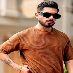 Maniac Mens Round Neck 3/4th Sleeve Brown Corduroy Fabric Tshirt