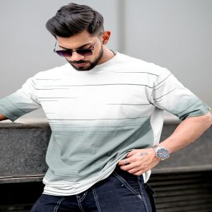 Maniac Mens Spray Print Round Neck 3/4th Sleeve White Cotton Oversized T-Shirt