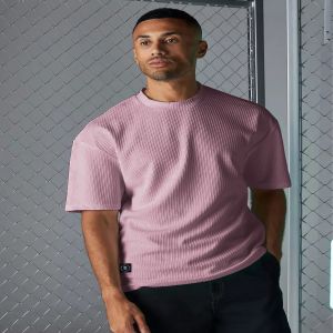 Maniac Mens Solid Round Neck Half Sleeve Pink Seersucker CottonBlend Oversized T-Shirt