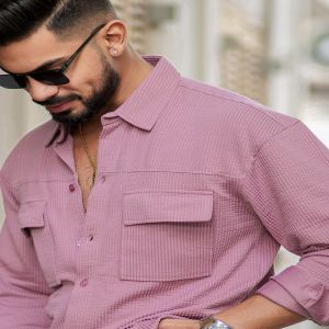 Maniac Mens Solid 2 Pockets collared Neck Full Sleeve Pink Oversized Cotton Shirt