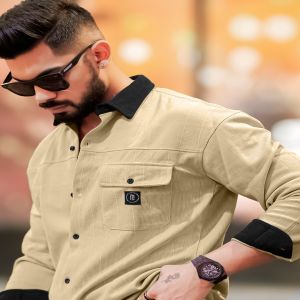 Maniac Mens Solid Collared Neck Full Sleeve Biscuit and Black Cotton Shirt