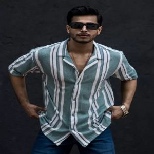 Maniac Mens Striped Collar Neck Half Sleeve Berly Green Cotton Oversized Shirt