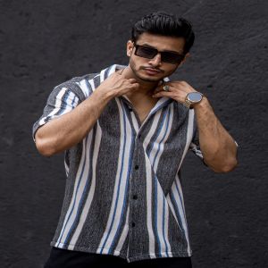 Maniac Mens Striped Collar Neck Half Sleeve Black Cotton Oversized Shirt