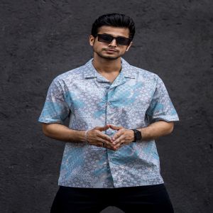 Maniac Mens All Over Printed Collar Neck Half Sleeve Blue Cotton Oversized Shirt