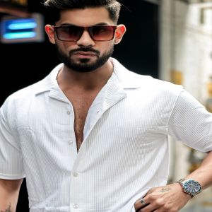 Maniac Mens Solid Polo Neck Half Sleeve White Oversized Cotton Shirt