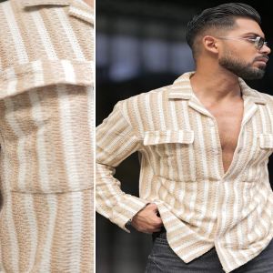 Maniac Mens Textured Striped Full Sleeve Collared Neck Beige Oversized Shirt