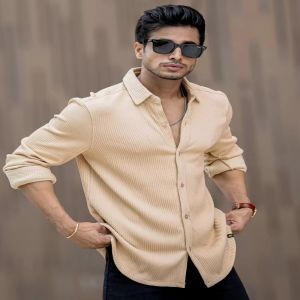 Maniac Mens Solid Vertical Stripe Textured Full Sleeve Beige PolyCotton Shirt