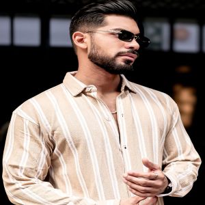 Maniac Mens Vertical Stripes Full Sleeve Terry Fabric Beige Slim Fit Shirt