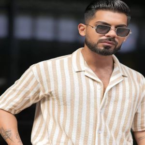 Maniac Mens Striped Collared Neck Half Sleeve Beige and White Waffle Knitted Shirt