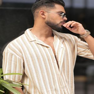 Maniac Mens Textured Striped Half Sleeve Collared Neck Beige Oversized Shirt