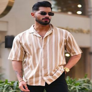 Maniac Mens Vertical Stripes Half Sleeve Terry Fabric Beige Slim Fit Shirt