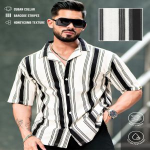 Maniac Mens Barcode Stripes Half Sleeve Black and White HoneyComb Fabric Shirt