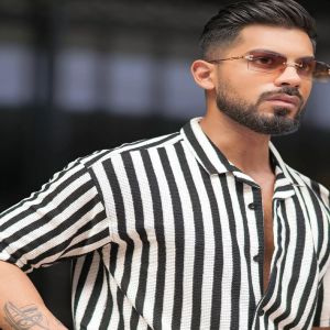 Maniac Mens Striped Collared Neck Half Sleeve Black and White Waffle Knitted Shirt
