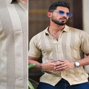 Maniac Mens Half Sleeve Beige Rib Stitch Flat Knit Cotton Shirt