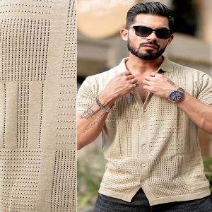 Maniac Mens Half Sleeve Beige Wrap Flat Knit Cotton Shirt