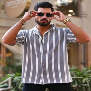 Maniac Mens Vertical Stripes Half Sleeve Terry Fabric Grey Slim Fit Shirt