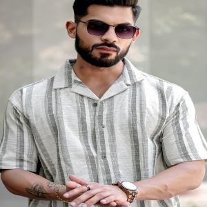 Maniac Mens Stripes Half Sleeve Half White Green Shirt