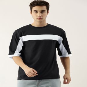 Maniac Men's Half sleeve Round Neck Black and White Cotton Slim Fit Tshirt