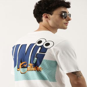 Maniac Printed Mens Half sleeve Round Neck White and Black Cotton Oversized Fit T-Shirt