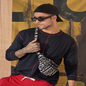 Maniac Mens Solid Round Neck Full Sleeve Black and Red Cotton Slim Fit T-Shirt