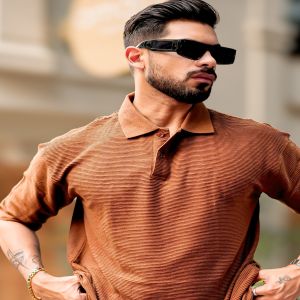 Maniac Mens Polo Neck Half Sleeve Brown Corduroy Fabric Tshirt