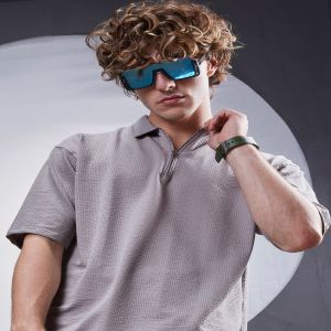 Maniac Mens Textured Polo Neck Half Sleeve Grey SeerSucker Fabric T-Shirt